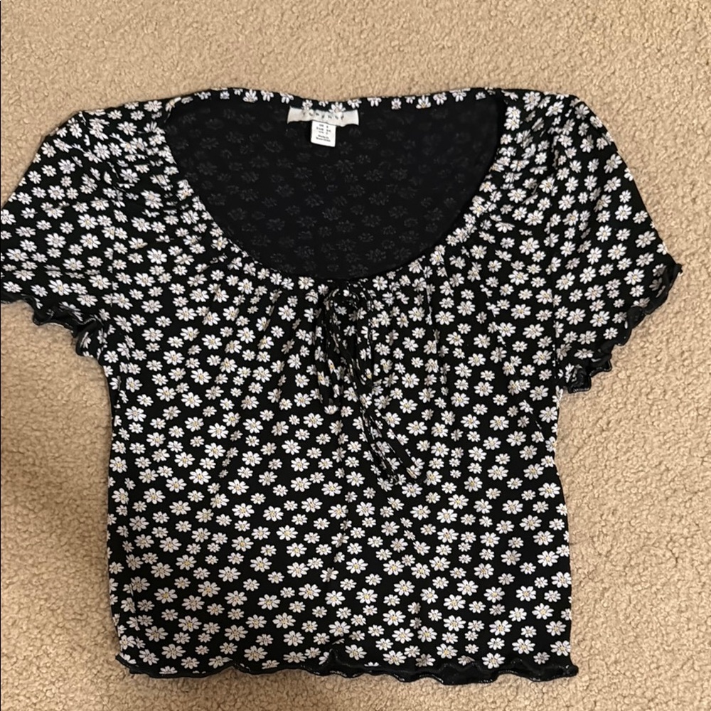 Topshop Black and White Ruched Tie Front Crop Blouse
